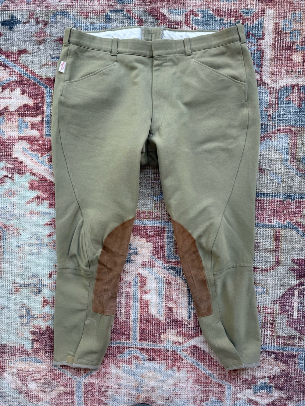 Men's Olive Green Riding Breeches with Suede Brown Knee Patches Sz 38